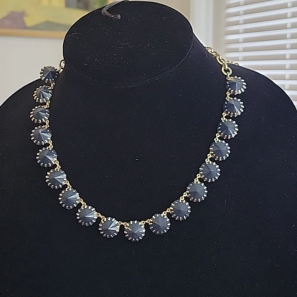 J Crew Venus Flytrap goldtone necklace with midnight blue acrylic stones - Picture 2 of 5